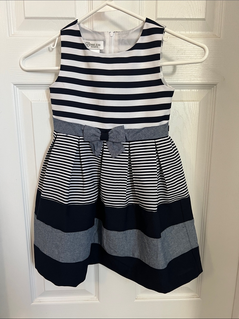 Bonnie Jean Navy and White Striped Bow-Accent Formal Dress